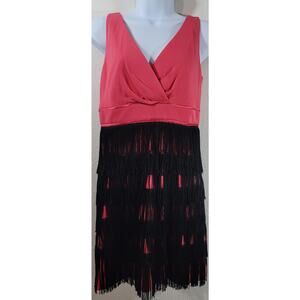 Kay Unger Coral Pink Crisscross Pleated Bodice Fringe Skirt Pencil Dress 6 Flowy